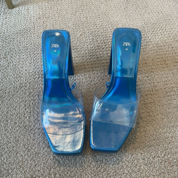Zara High Heeled Vinyl Sandals Metallic Blue - Picture 3 of 6